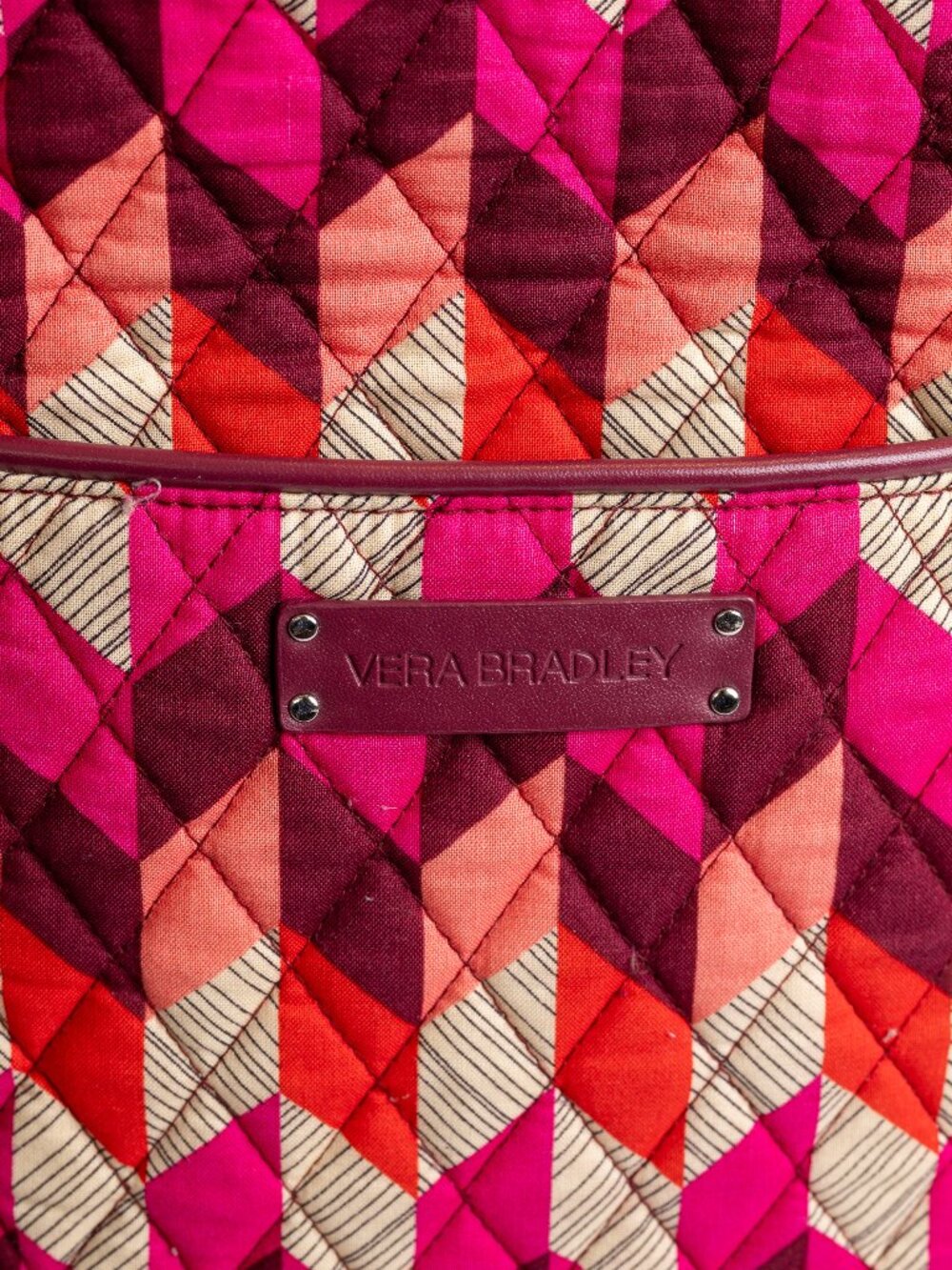 Vera Bradley Quilted Tote Bag Pink Red Geometric Print Travel Shoulder Bag